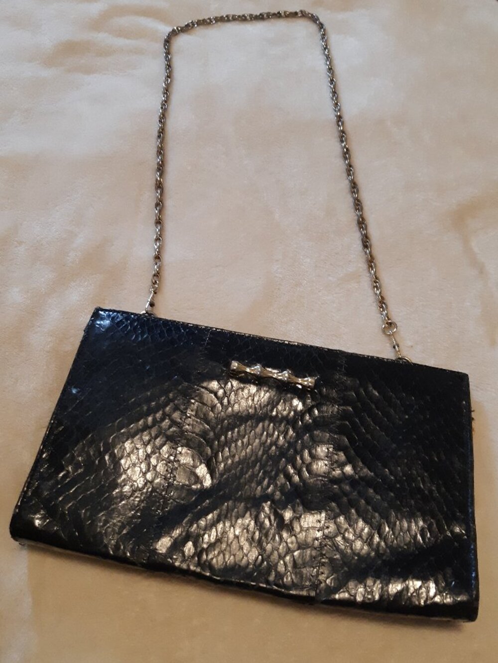 Vintage Jane Shilton Black 1970s Genuine Leather Reptile Texture Clutch Bag